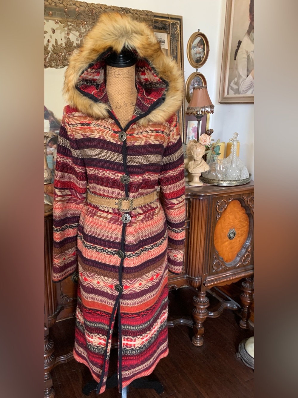Vintage Boho Nepal-inspired Cardigan Sweater w Leather Belt & Faux Fur Hood